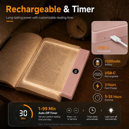 Book Light for Reading in Bed, Rechargeable LED Flat Book Light with Clear Full Page Panel, 3 Color Temperatures, Stepless Dimming, 1–99 Min Timer, 1200mAh USB-C Bookmark Light for Book Lovers(Pink)