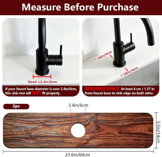 2 Pcs Kitchen Sink Splash Guard Faucet Mat Wood Grain Pattern Faucet Mat for Sinks Natural Wood Color Absorbing Drying Mat for Kitchen Bathroom, 23.6x5.5inch