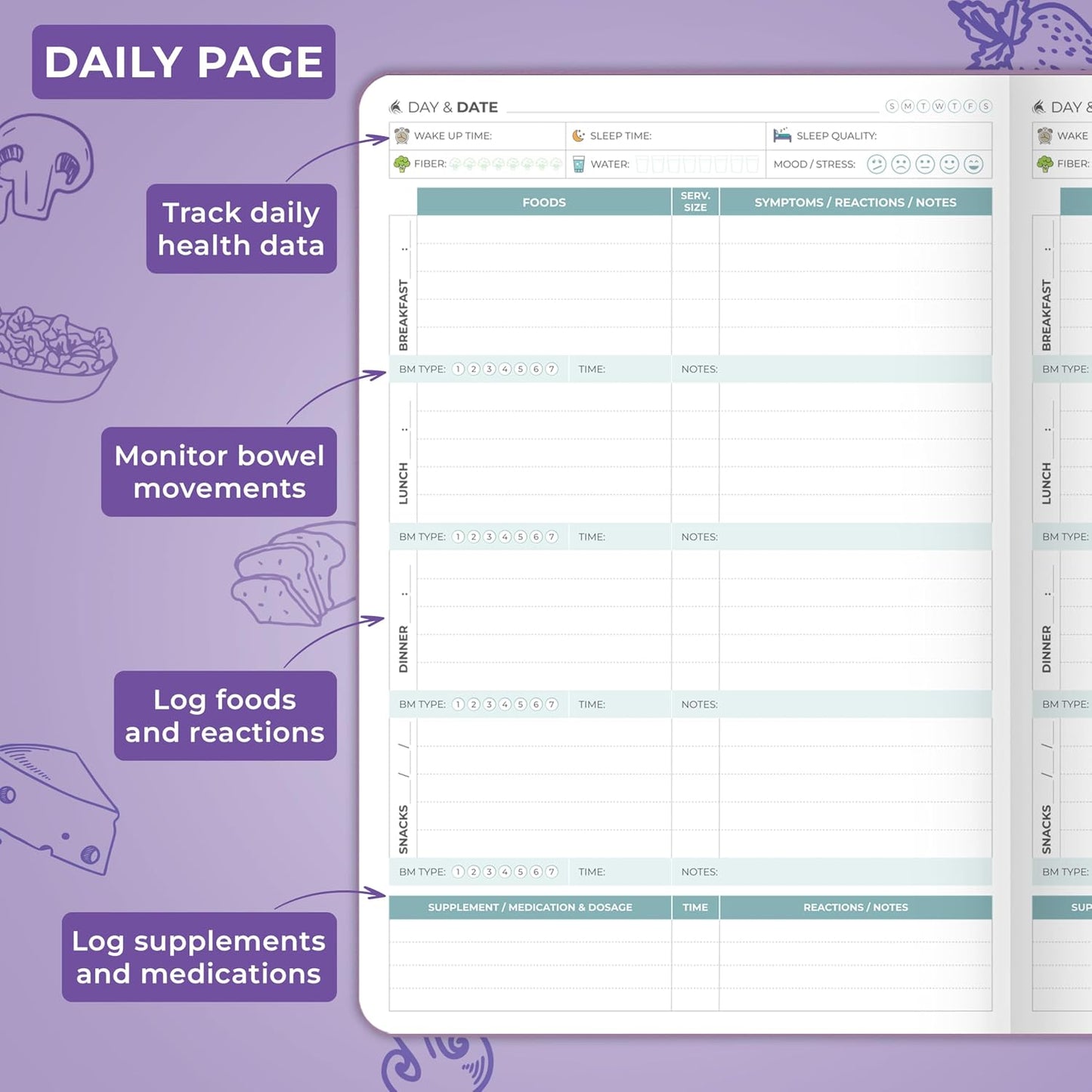 Clever Fox Food Sensitivity Journal & Symptom Diary, 8.5x11 Purple | Simple tracker log book for adults & kids, Intolerance, allergy, elimination diet, diabetic, IBS, low fodmap, food & poop