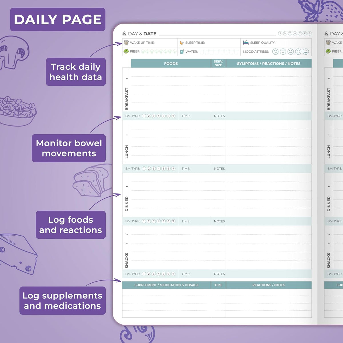 Clever Fox Food Sensitivity Journal & Symptom Diary, 8.5x11 Purple