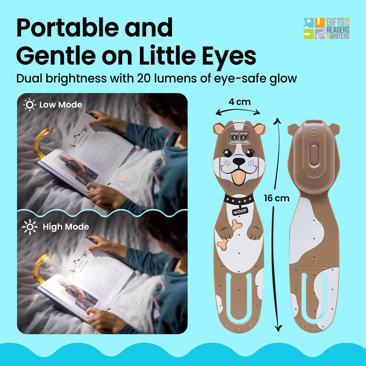 Gifts for Readers & Writers Rechargeable Book Light for Kids, Clip On Reading Light for Bed, 2in1 Flexilight Pals & Bookmark, 12 Hours of Light Once Charged, Includes USB Cable & 2 LED Lights, Dog