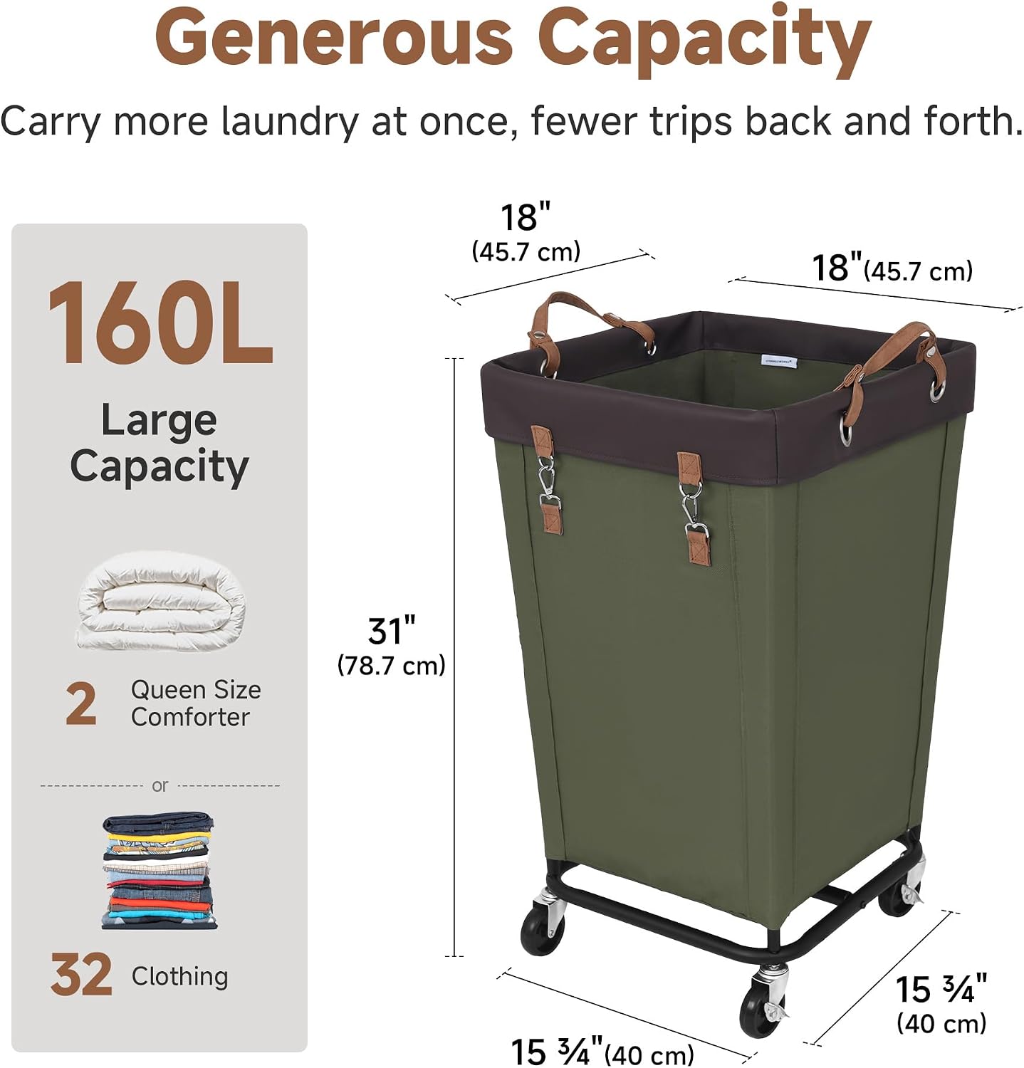 StorageWorks 160L Laundry Basket with Wheels, Rolling Hampers for Clothing | Beige Laundry Basket with Wheels, Metal Frame & Handles, Rolling Hamper for Bedroom, Bathroom, Dorm, Hotel