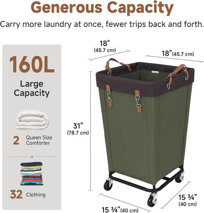 StorageWorks 160L Laundry Basket with Wheels, Rolling Hampers for Clothing | Beige Laundry Basket with Wheels, Metal Frame & Handles, Rolling Hamper for Bedroom, Bathroom, Dorm, Hotel