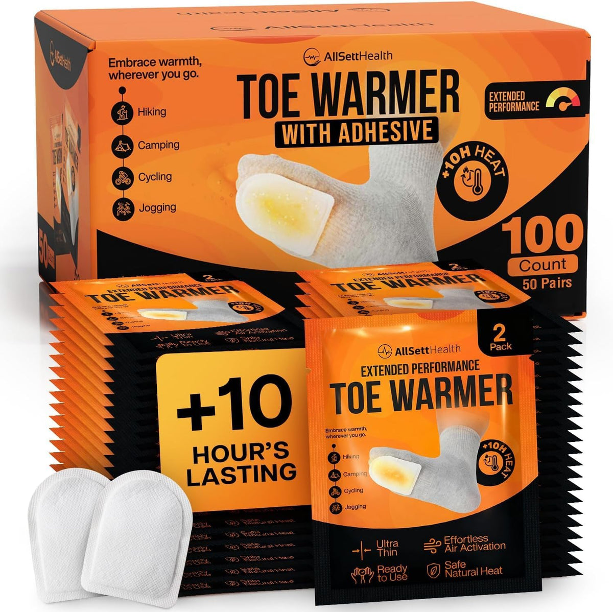Toe Warmers for Feet – 50 Pairs (100 Warmers) | 10+ Hour Self-Adhesive Feet Warmers, Foot Warmers Bulk, Ultra-Thin Disposable Heat Pads for Shoes & Boots