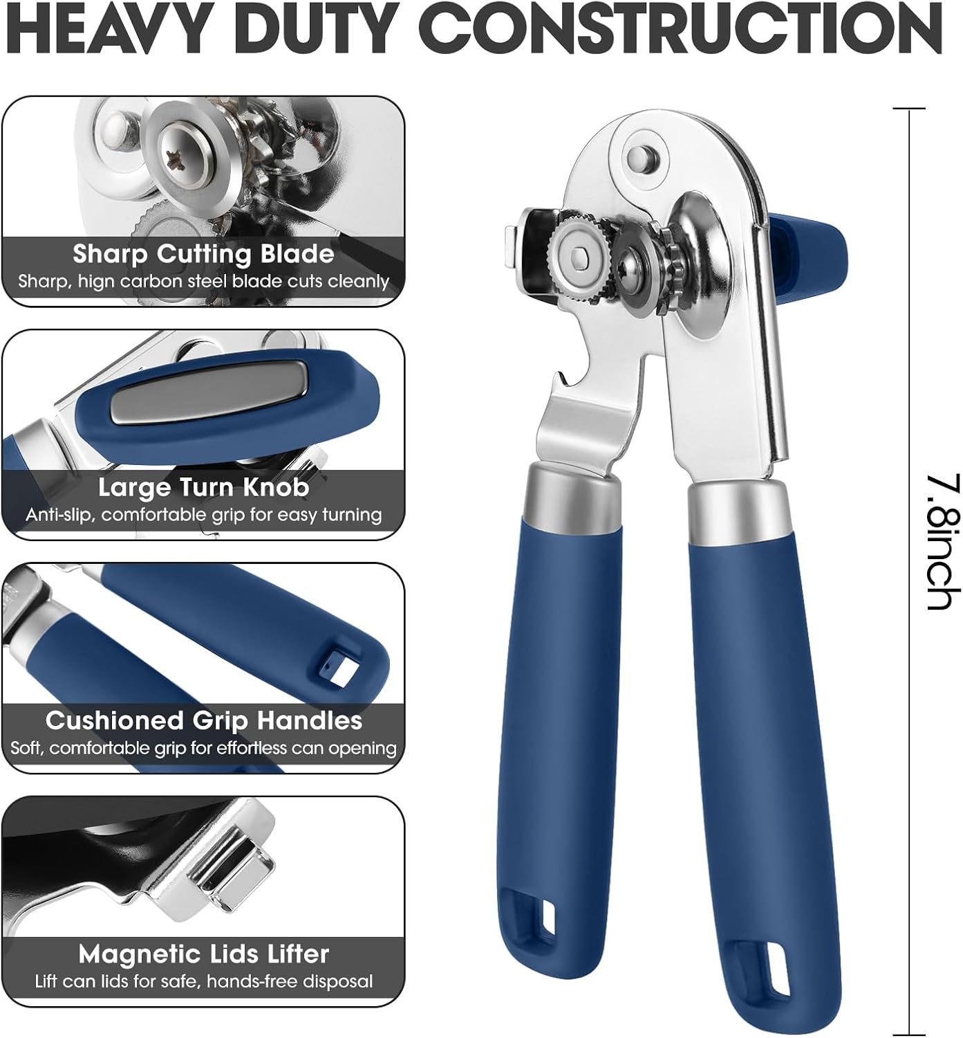 UHIYEE Hand Held Can Opener Manual with Magnet for Home Kitchen, Black | Easy Work, Premium 420J2 Steel, Magnetic Lid Lifter, Easy-Turn Oversized Knob, Arthritis Friendly, Smooth Edge