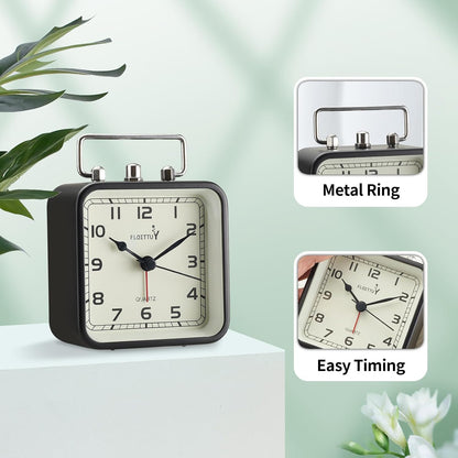 FLOITTUY Square Metal Beep Alarm Clock Silent No Ticking, Snooze and Battery Operated, Night Light and Desk Clock for Bedroom/Travel/Kids, Easy Set(Green)