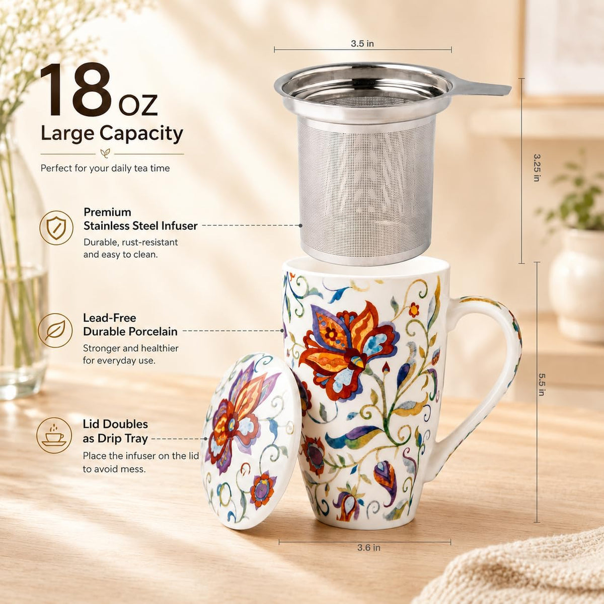 GBhome Tea Mug with Infuser and Lid,18 oz Loose Leaf Tea Cup with Steeper