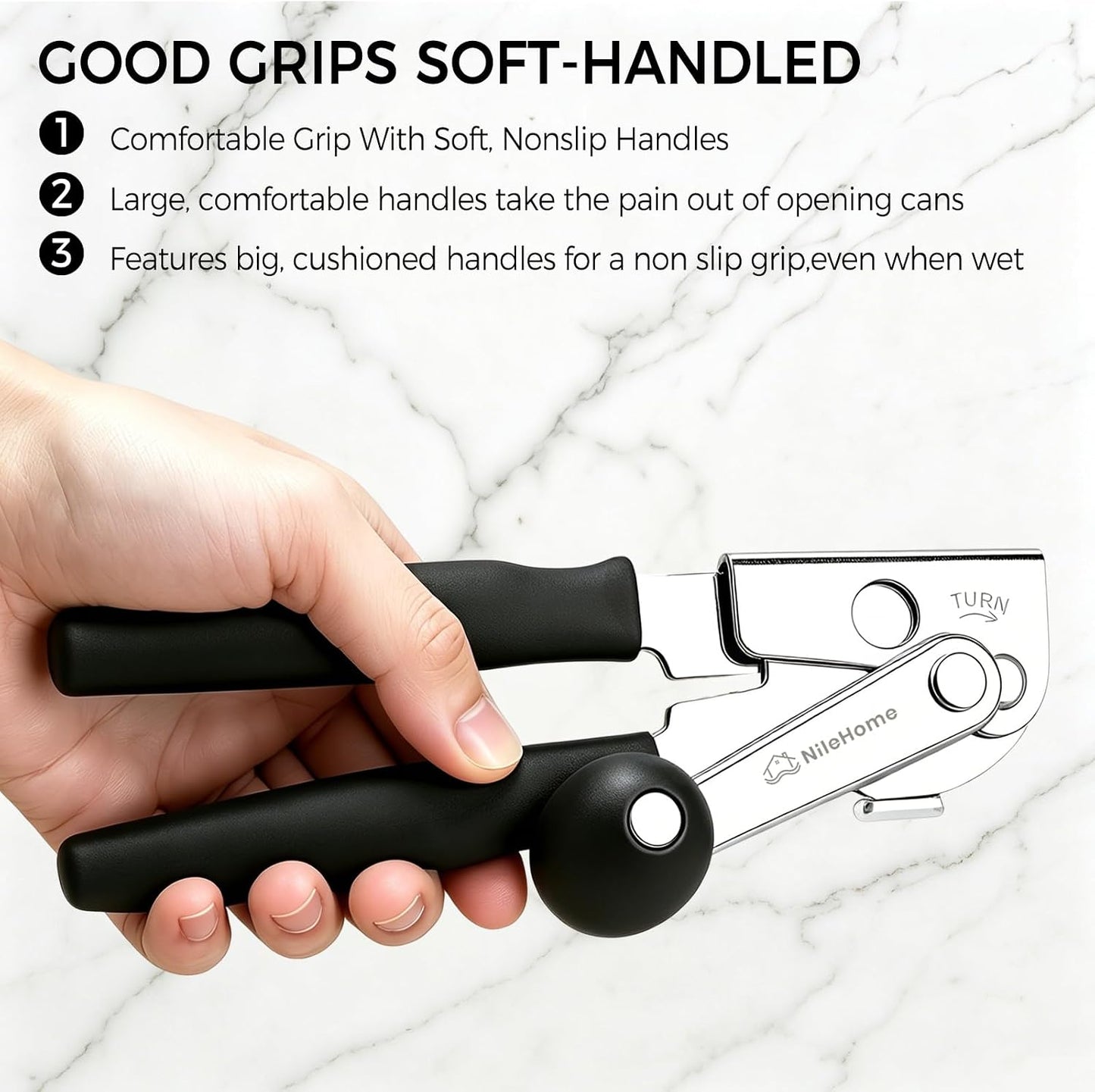 NileHome Commercial Hand Crank Can Opener with Extra-Long Handles, Black | Heavy Duty Durable, Built-In Magnet, Smooth Cranking, Manual Can Opener, Ideal for Large Cans, Senior-Friendly