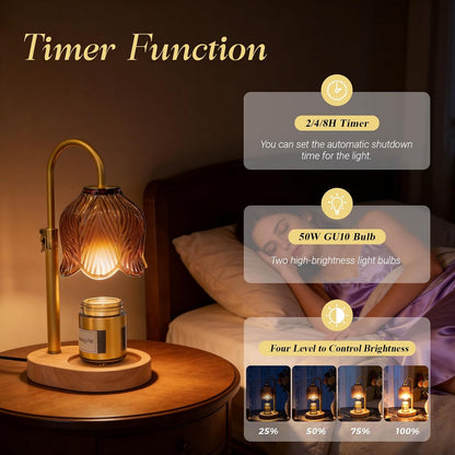 Flower Candle Warmer Lamp, Timer & 4-Level Dimmer, Adjustable Height | Flameless Electric Wax Warmer for Jar Candles, Includes 2 Bulbs, Pink, Home Decor Gift for Mom & Women, Housewarming