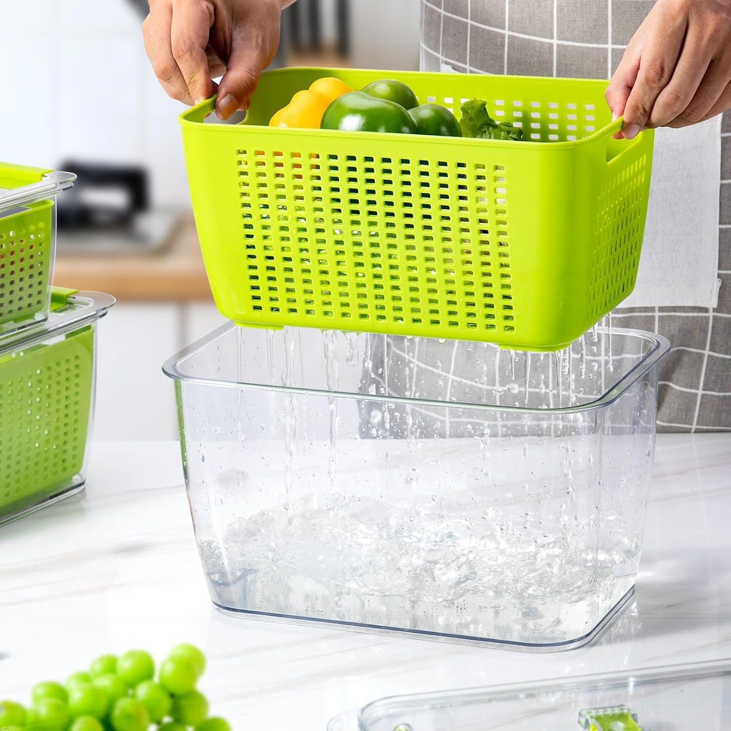 LUXEAR 4 Pack Fruit Vegetable Containers for Fridge, Produce Saver Container with Lids &Removable Colander BPA-free Refrigerator Storage Organizer for Fruit Vegetable, Berry, Meat keep Fresh Longer | BPA Free with Removable Colanders Leak-proof Fridge