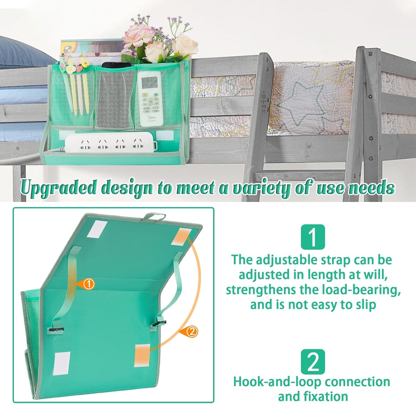 Bedside Caddy Organizer for Dorm Bed Rails with 7 Pockets, Gray | Bed Pockets Bedside Storage with Power Strip Holder & 2 Adjustable Straps for Home, College, Dorm, Hospital Bedside Organizer