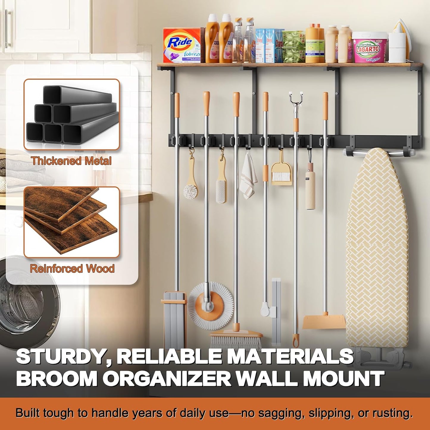 Broom Holder Wall Mount with Cleaning Supplies Organizer, Laundry Room Organization and Storage Shelves with Mop Hanger Rack Gripper Hooks, Utility Shelf Closet Organizer for Home Garage Kitchen