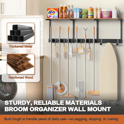 Broom Holder Wall Mount with Cleaning Supplies Organizer, Laundry Room Organization and Storage Shelves with Mop Hanger Rack Gripper Hooks, Utility Shelf Closet Organizer for Home Garage Kitchen