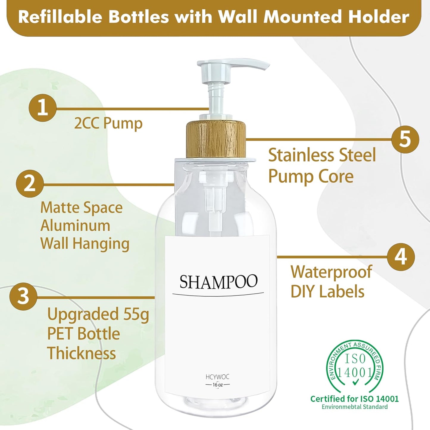 3 Pack Wall Mount Shower Dispenser, No Drill, 16 Waterproof Labels | Shampoo Dispenser for Shower Wall, Shampoo and Conditioner Dispenser, Bathroom, 17oz, Gold Amber