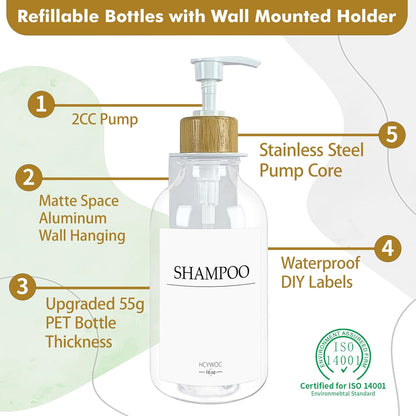 3 Pack Wall Mount Shower Dispenser, No Drill, 16 Waterproof Labels | Shampoo Dispenser for Shower Wall, Shampoo and Conditioner Dispenser, Bathroom, 17oz, Gold Amber