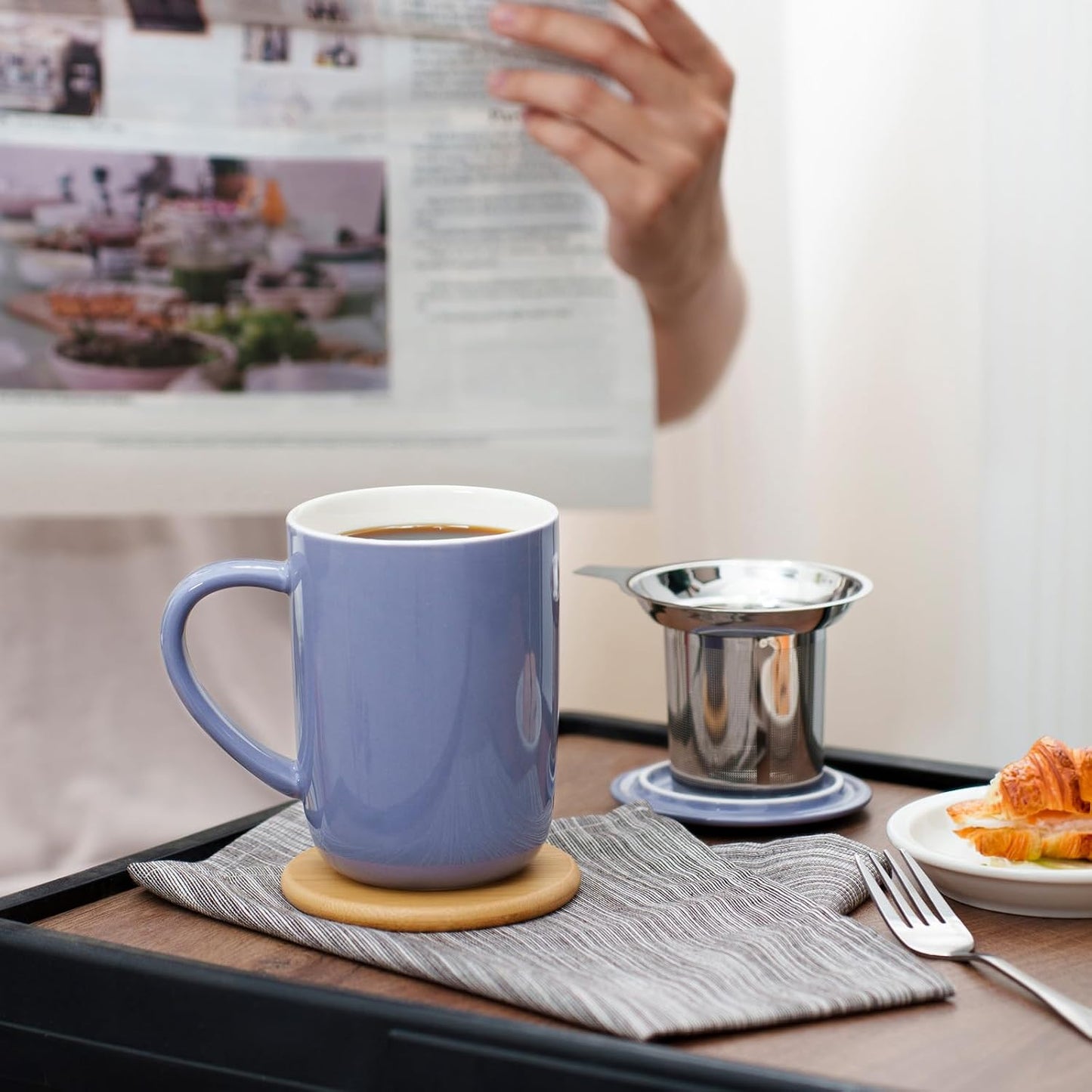 CEEFU 16oz Porcelain Tea Mug with Infuser, Lid and Coaster | Teaware with Filter, Loose Leaf Tea Cup Steeper Maker, Tea/Coffee/Milk/Women/Office/Home/Gift, Navy Blue