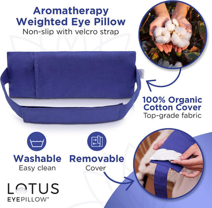 Lotus Lavender Eye Pillow - Weighted Mask for Yoga & Sleep | NOLAVA Sleep & Wellbeing App included; warm or cool headache relief; organic cotton, lavender-flaxseed fill.