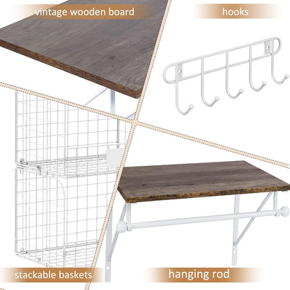 Laundry Room Shelves Wall Mounted with Wire Baskets, Over the Washer and Dryer Shelf with Clothes Drying Rack, Wire Shelves Baskets for Laundry Closet Organization and Storage, Wood+Metal, Black