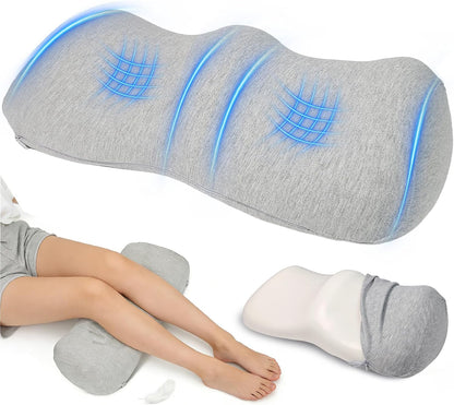 Ergonomic Knee Pillow for Back Sleeping - Memory Foam Bolster Pillow for Sleep Improvement, Knee Support, Leg Elevation, Back Pain Relief, with Softer Non-Irritating Washable Cover, Grey