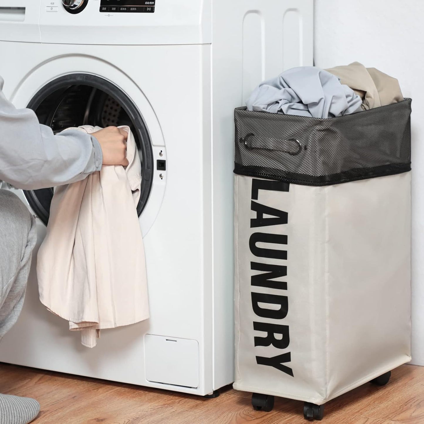 DOKEHOM 25" Slim Rolling Laundry Basket Hamper, Narrow on Wheels, Grey | Collapsible narrow laundry hamper with mesh drawstring closure. Foldable corner clothes storage bin for small spaces
