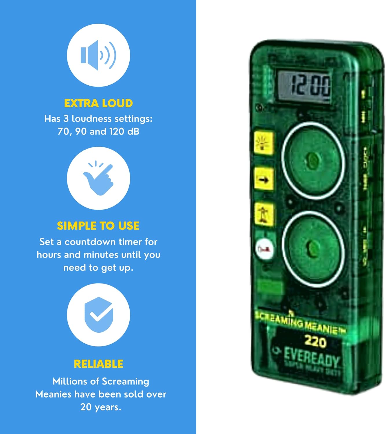 Screaming Meanie 220 Alarm Clock & Time for Deep Sleepers, Black | Extremely Loud Multi-Purpose Clock with three adjustable alarm volume levels (70, 90, and 120 dB), includes 9V battery.