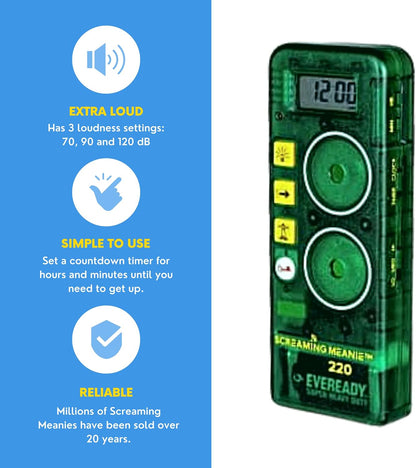Screaming Meanie 220 Alarm Clock & Time for Deep Sleepers, Black | Extremely Loud Multi-Purpose Clock with three adjustable alarm volume levels (70, 90, and 120 dB), includes 9V battery.