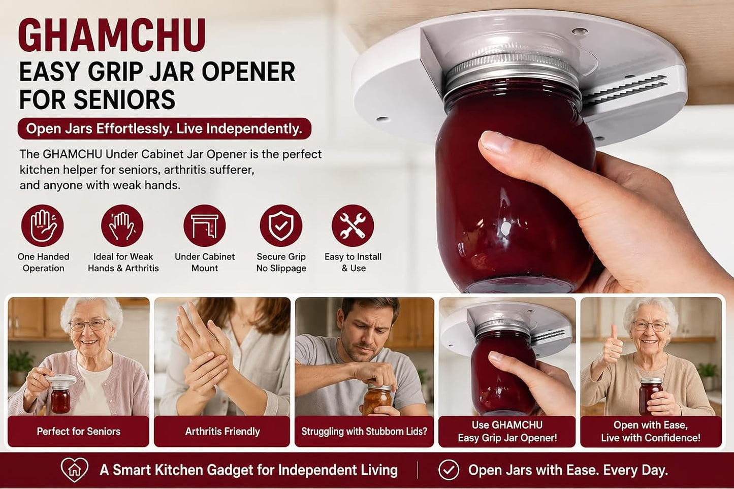 1 Pack Easy Grip Jar Opener for Seniors - Under Cabinet Jar Openers for Weak Hands, Arthritis jar opener, One Handed Gadgets & Bottle Opener - All In One Lid Remover