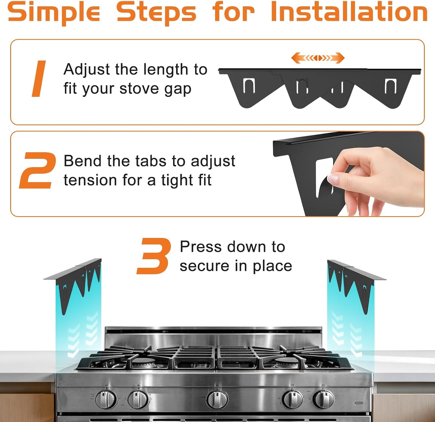 Lomesion Stove Gap Covers, 2 Pack Retractable Stainless Steel Gap Filler, Heat Resistant & Easy Clean, Adjustable 13.8-27.5 in, Fits 2-20 mm Gaps, 0.79 in Wide, Black Brushed Finish