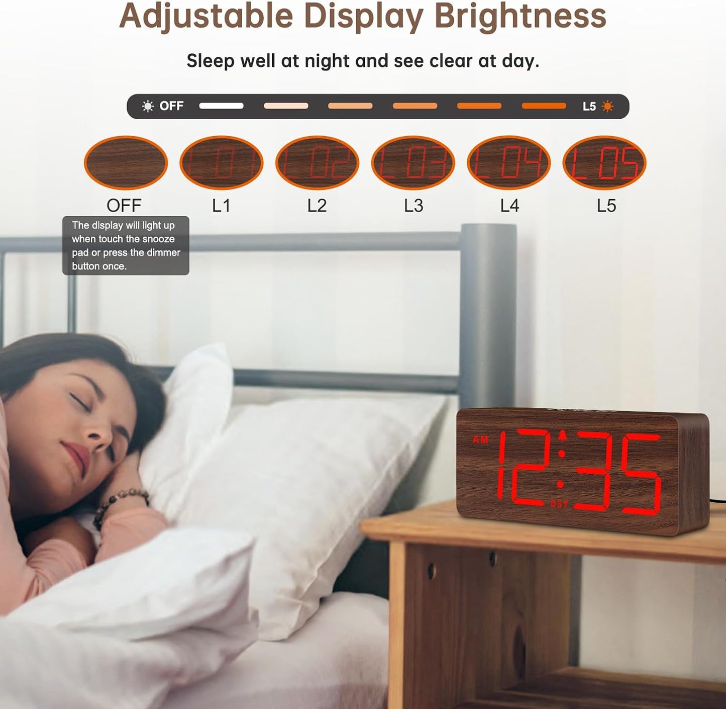 DreamSky Wooden Digital Alarm Clock for Bedroom with Large Numbers | Desk Clock for Living Room Office, Loud Alarm for Heavy Sleepers Adults, Volume Control, Dimmer, DST, Wood Decor (Plug-in)