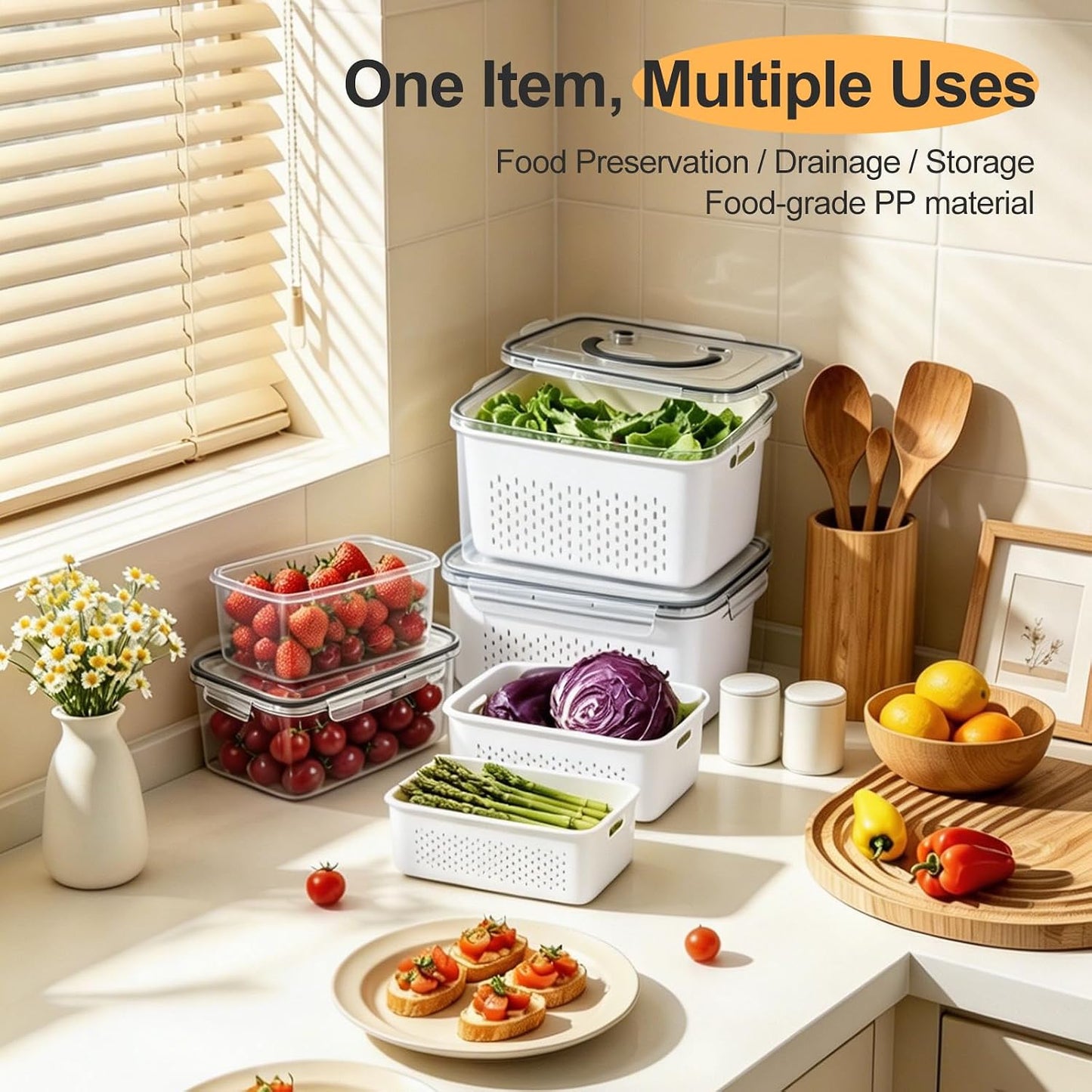 YudouTech 4 PCS Fruit Storage Containers for Fridge-Features removable Colander,All-in-One Fruit Washing Bowl & Colander,Microwave/Dishwasher Safe for Berry,Lettuce,Salad & Meat Fresh Longer,Green