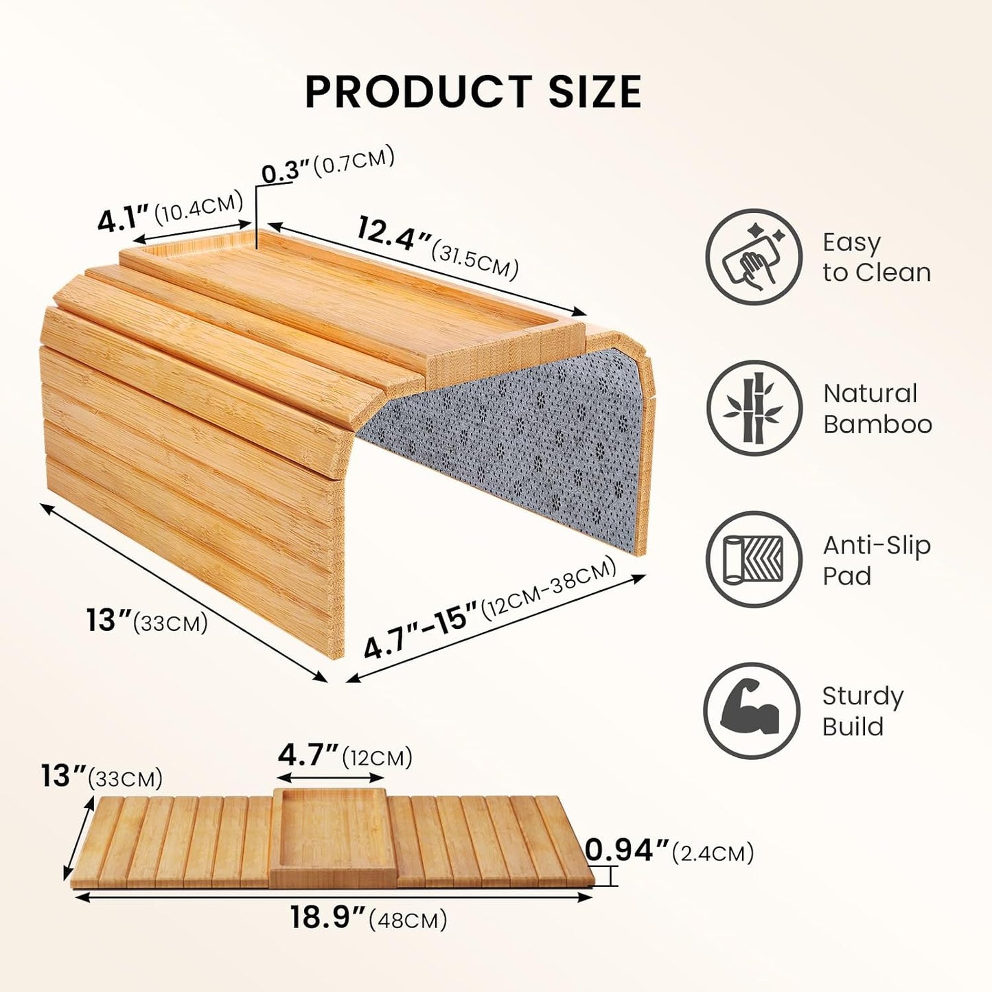 Bamboo Folding Sofa Arm Tray with Anti-Slip Pad (Natural) | Couch Armrest Tray,Foldable Build, Space-Saving Storage, No Assembly, easy to clean, universal arm fit,Gift box