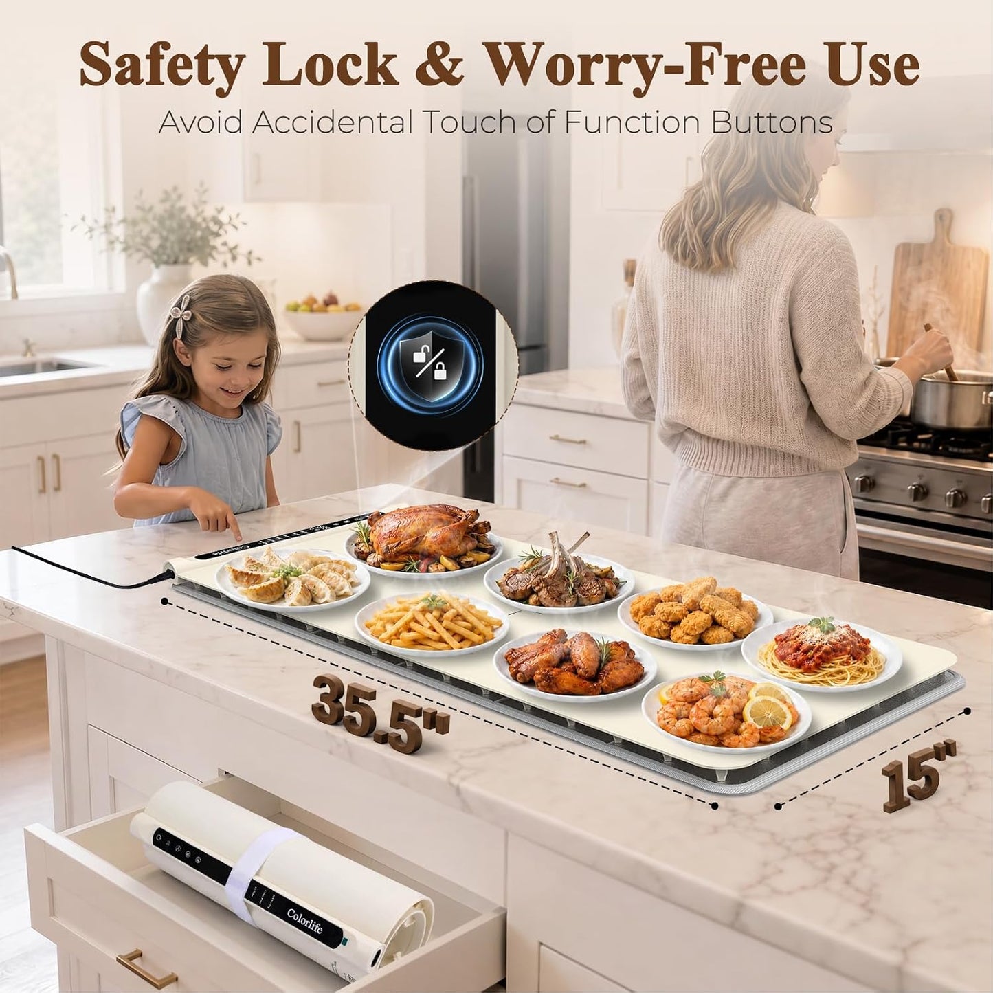Warming Mat for Food, Electric Warming Tray with Heat-Resistant Pad-L Grey | Colorlife 6 Preset Modes, 7 Temps, 6H Timer, Child Lock, Auto-Memory, Rollable Silicone Food Warmer for Buffet, Parties