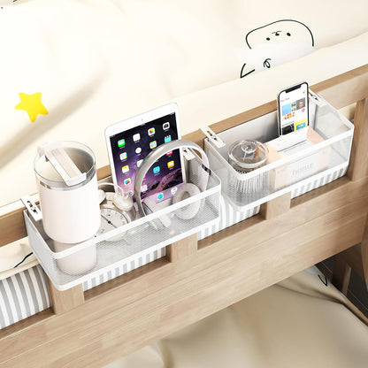 2 Pack Bedside Caddy Organizer,Bunk Bed Shelf, White | Adjustable Clamp-On Structure, Easy to Install, Holds up to 33 lbs, Fits All Types of Beds, College Dorm Room Essentials