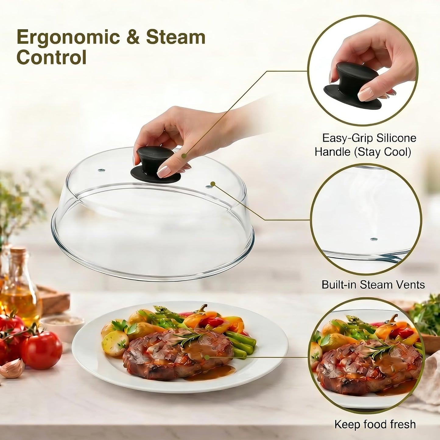 10" Glass Microwave Splatter Cover with Silicone Mat | 100% Metal-Free, Ceramic Screw, Heavy-Duty Borosilicate Glass, Anti-Scald Handle, BPA-Free, Dishwasher Safe