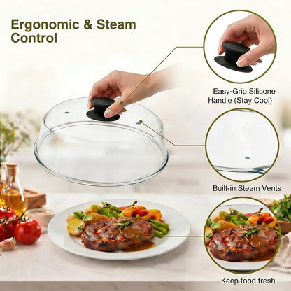 10" Glass Microwave Splatter Cover with Silicone Mat | 100% Metal-Free, Ceramic Screw, Heavy-Duty Borosilicate Glass, Anti-Scald Handle, BPA-Free, Dishwasher Safe
