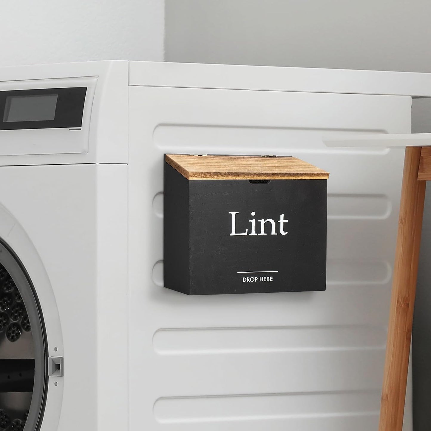 Magnetic Lint Bin for Laundry Room, Compact Size | Wooden Dryer Lint Bin with Lid - Rustic Lint Box, Magnetic Bin - Modern Farmhouse Laundry Room Decor, Black with Torched Lid