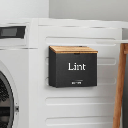 Magnetic Lint Bin for Laundry Room, Compact Size | Wooden Dryer Lint Bin with Lid - Rustic Lint Box, Magnetic Bin - Modern Farmhouse Laundry Room Decor, Black with Torched Lid
