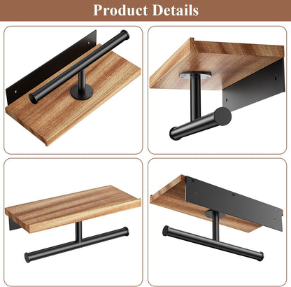 Tindbea Toilet Paper Holder with Wood Shelf, Wooden Wall Mount Tissue Paper Roll Holder, Matte Black Stainless Steel Bathroom Accessories Decor Household Home Apartment Restroom Essentials (Walnut)