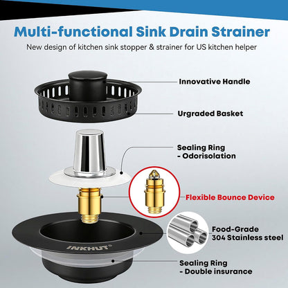 Upgraded 3 in 1 Kitchen Sink Drain Strainer | Stainless Steel Sink Stopper, Anti-Clogging Food Catcher Basket, Bounce Core Drain Strainer Plug for 3 1/2 inch Drain