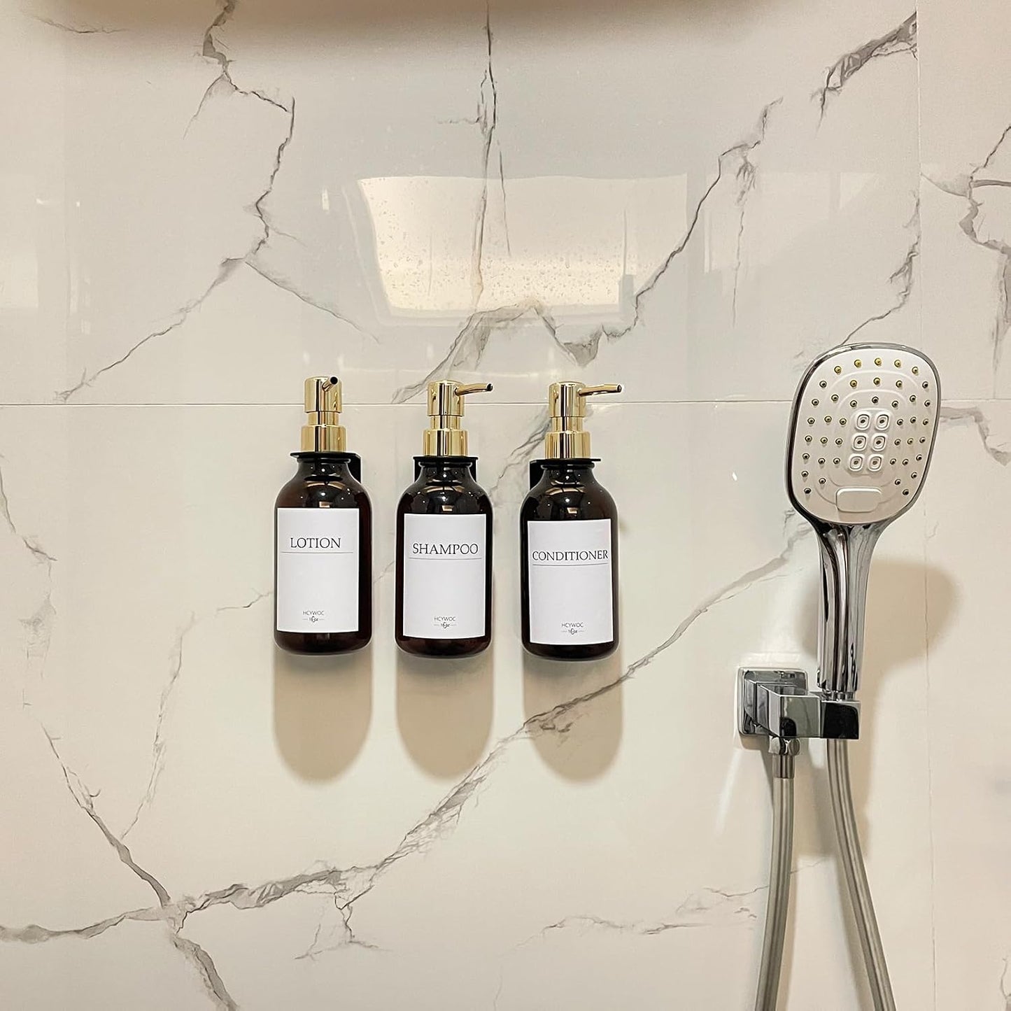 3 Pack Wall Mount Shower Dispenser, No Drill, 16 Waterproof Labels | Shampoo Dispenser for Shower Wall, Shampoo and Conditioner Dispenser, Bathroom, 17oz, Gold Amber