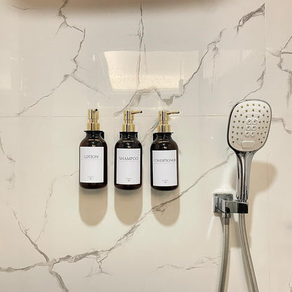3 Pack Wall Mount Shower Dispenser, No Drill, 16 Waterproof Labels | Shampoo Dispenser for Shower Wall, Shampoo and Conditioner Dispenser, Bathroom, 17oz, Gold Amber