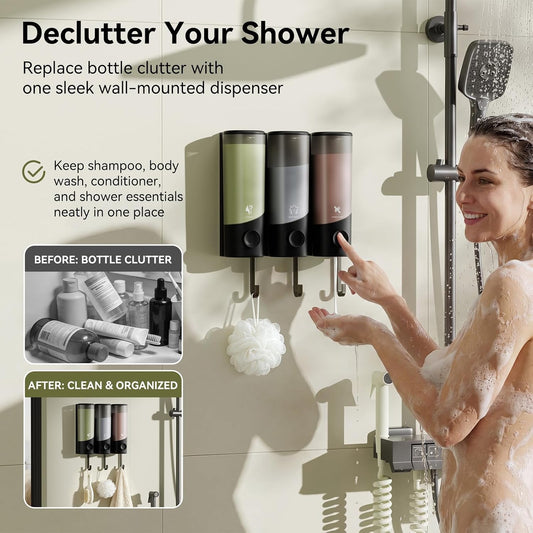 Shampoo and Conditioner Dispenser Wall Mounted with Hooks, 3-Chamber 1200ML Shower Soap Dispenser, No-Drill Bathroom Shower Organizer for Shampoo, Conditioner, Body Wash（Gun Grey）