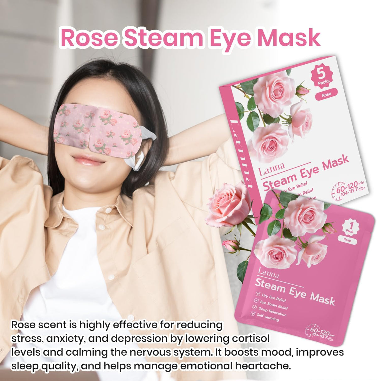 LANNA Heated Steam Eye Mask, Disposable 120 Minutes, Lavender Scent, 5 Pcs