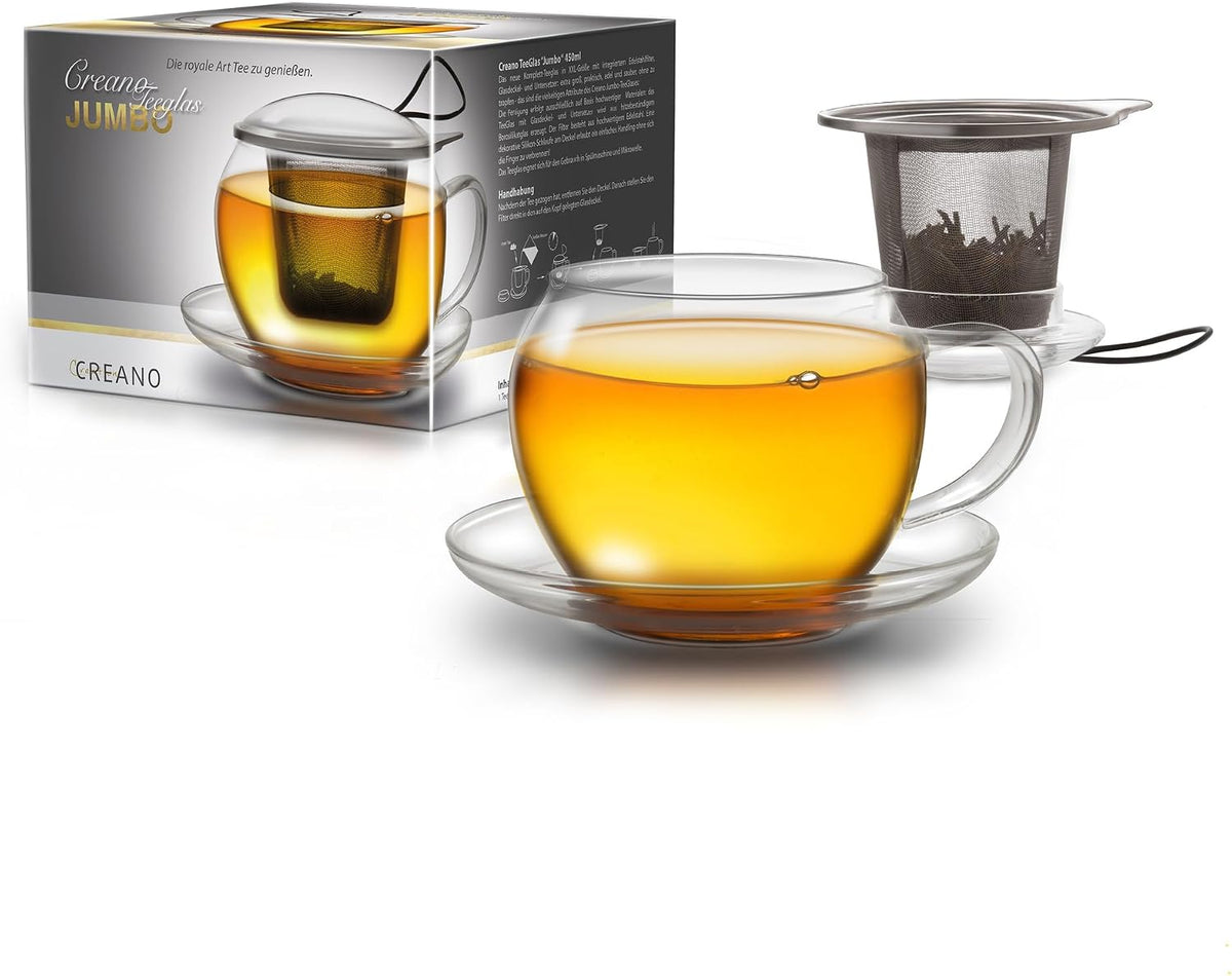 Creano Tea Glass with Infuser and Lid 400ml - Large Tea Cup - Microwave & Dishwasher Safe - Loose Leaf Tea Maker Gift Set