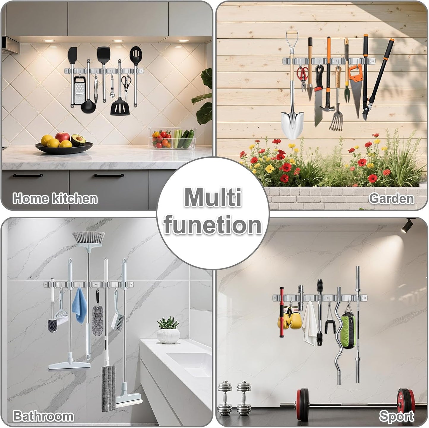 HANZENMA Broom Holder Wall Mount, Broom Organizer Wall Mount Stainless Steel Broom and Mop Hanger Heavy Duty Storage Organization for Home Kitchen Garden Garage Room 5 Racks 4 Hooks
