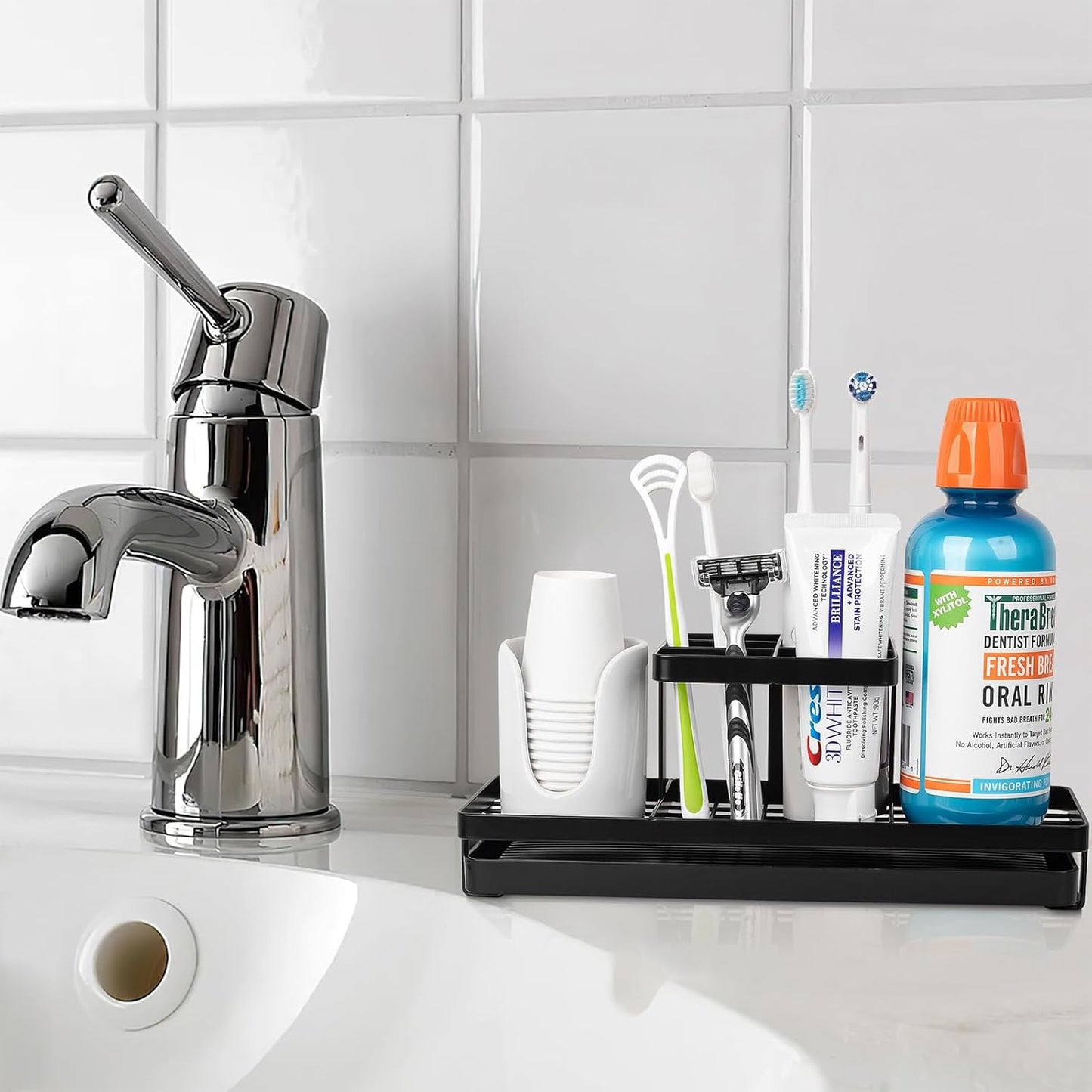 Toothbrush Holders Toothpaste Organizer Bathroom Accessories, Matte Black | Carbon Steel, 4 Slots, Removable Drip Tray, Easy to Clean, Electric Toothbrush Storage, for Countertop, Shower, Sink