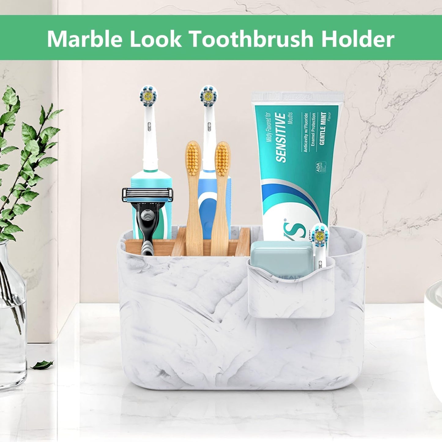 GFWARE Toothbrush Holders for Bathrooms - Bamboo Divider Toothbrush and Toothpaste Holder with Drainage, Kids Electric Toothbrush Organizer for Bathroom Countertop, White Tooth Brush Holder | 5 Slots Toothbrush and Toothpaste Holder with Bamboo Divider,
