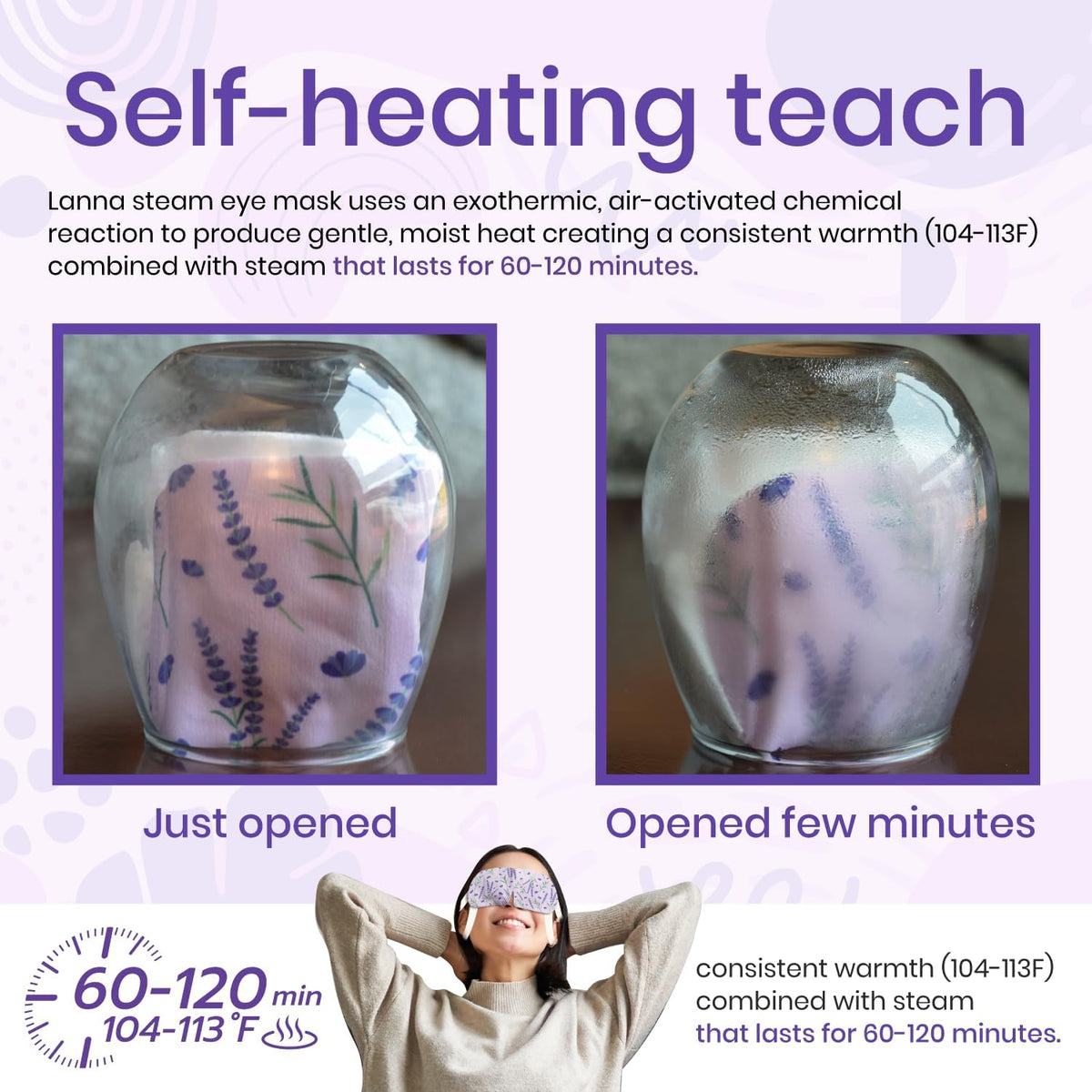 LANNA Heated Steam Eye Mask, Disposable 120 Minutes, Lavender Scent, 5 Pcs