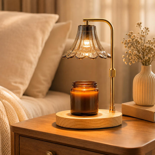 Candle Warmer Lamp with Timer, Dimmer, Vintage Glass Shade | Adjustable height, 2/4/8-hour timer, wood base, 2 bulbs included