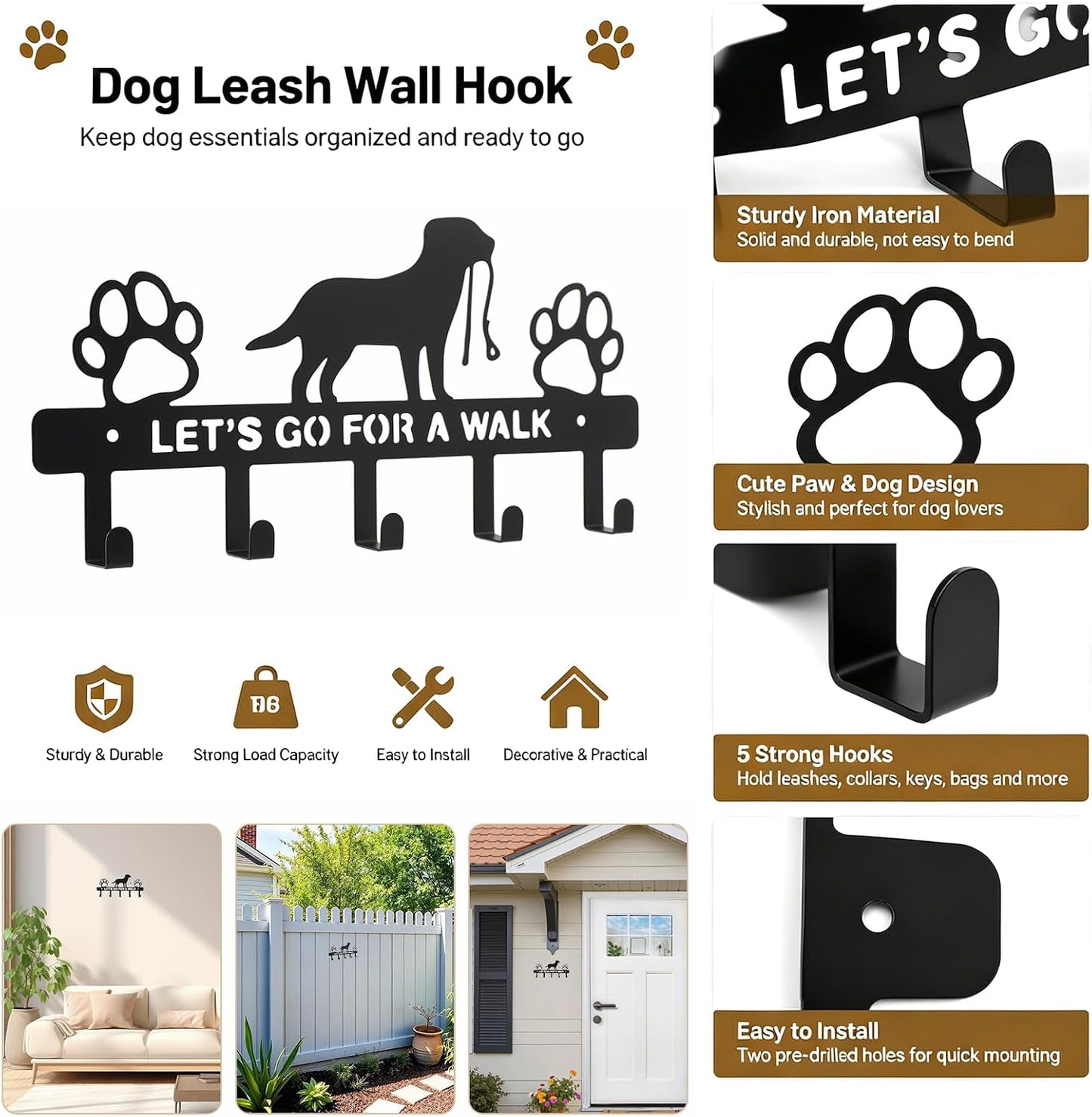 5-Hooks Dog Leash Holder for Wall, Metal Key Holder Leash Hooks,Pet Leash and Key Organizer, Screw Mounted Rack for Leashes Keys Collars, Entryway Garage Mudroom(10.6" × 4.9" × 0.8")